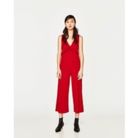 Zara Pants & Jumpsuits Zara Red Ruffle Waist Ribbed Knit Jumpsuit Poshmark